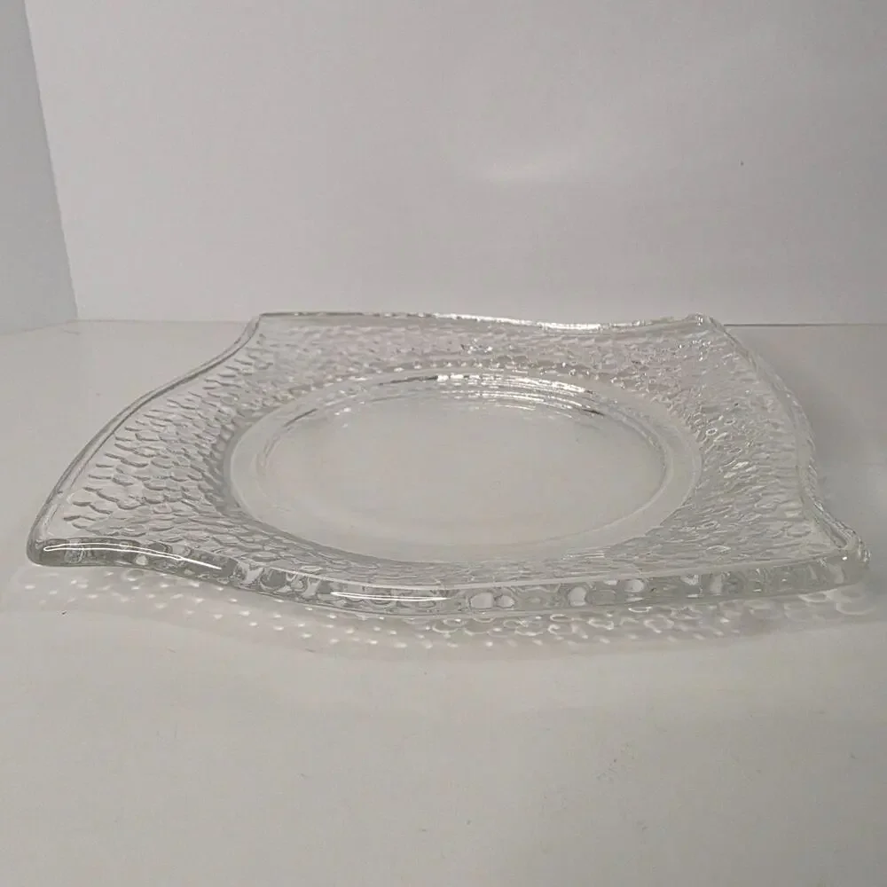 Clear Glass Square Salad Dessert Plate Hammered Pebble Texture Wavy Edge